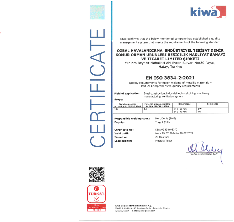 ISO 3834 - 2  Kalite Belgesi